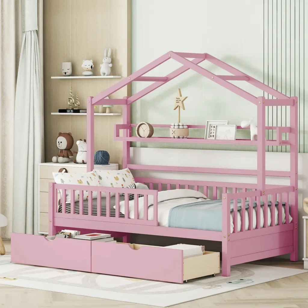 Wooden Twin Size Houtilize Bed 2 Drawers and Storage Shelf Kids homey life