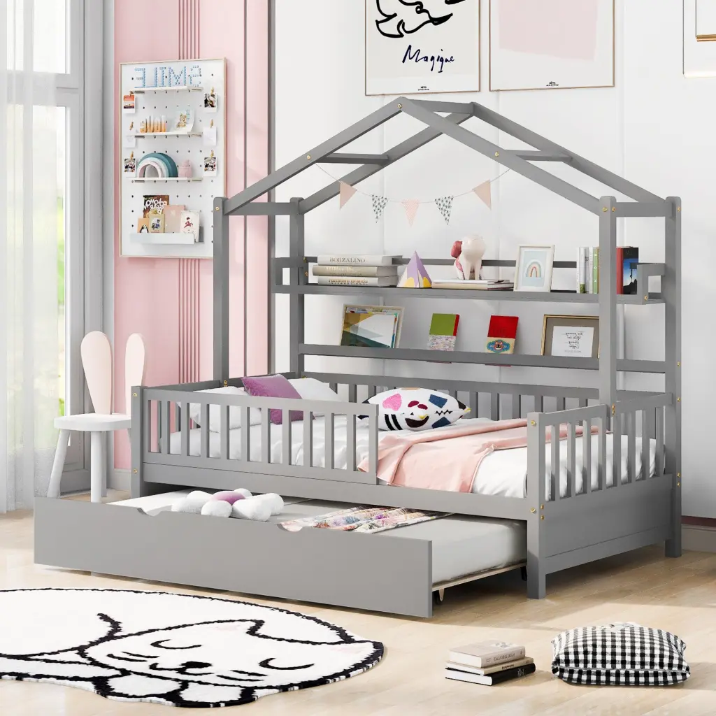 Wooden Twin Size Houtilize Bed Trundle Kids Bed Shelf Gray homey life