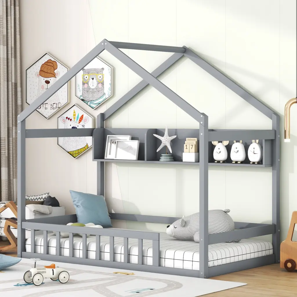 Wooden Twin Size Kids Bed Storage Shelf and Safety Fence homey life