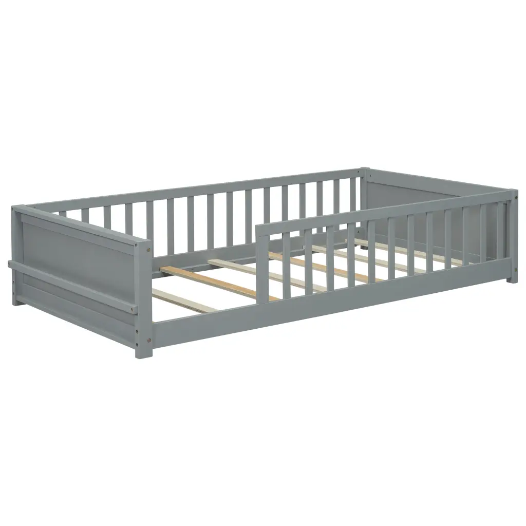 Twin Size Floor Platform Bed Constructed Book Storage Rack Grey inspirit