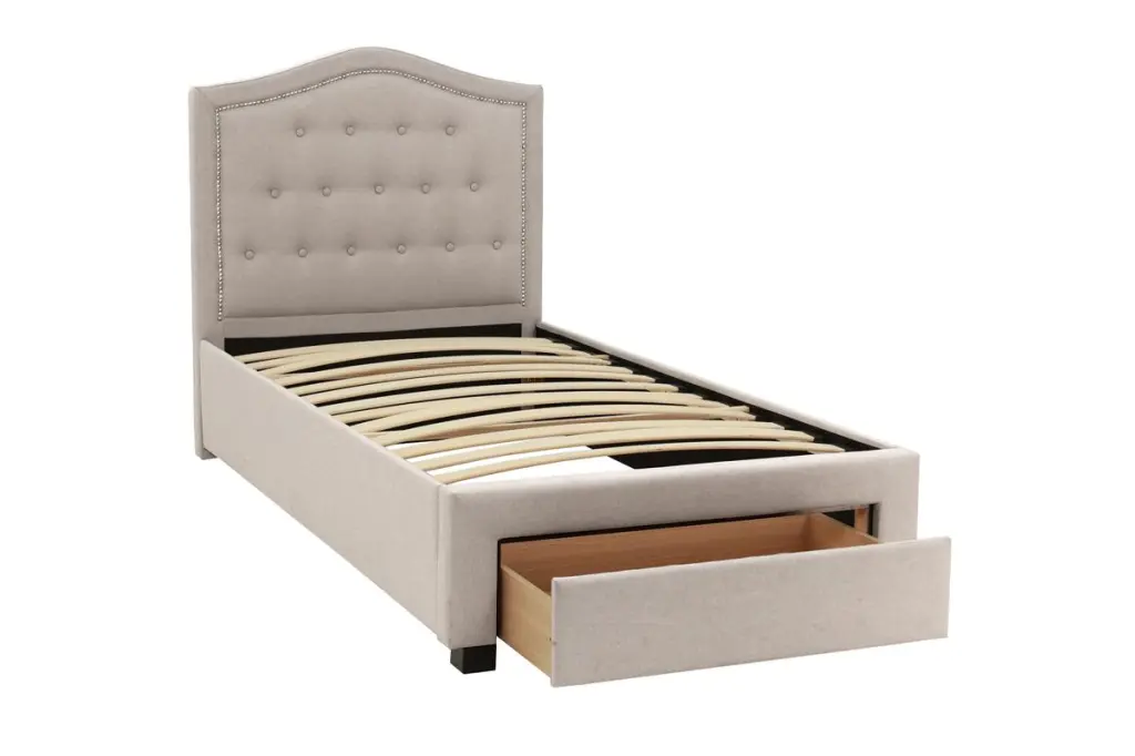 Light Brown Burlap Fabric Twin Size Bed Drawer and Button Tufted Design kanepe