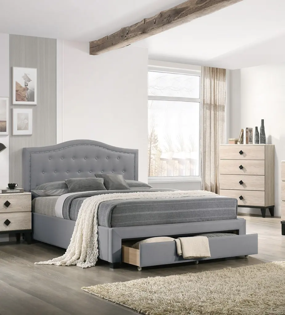 Light Grey Burlap Twin Size Bed Drawer Button Tufted Arc Design kanepe