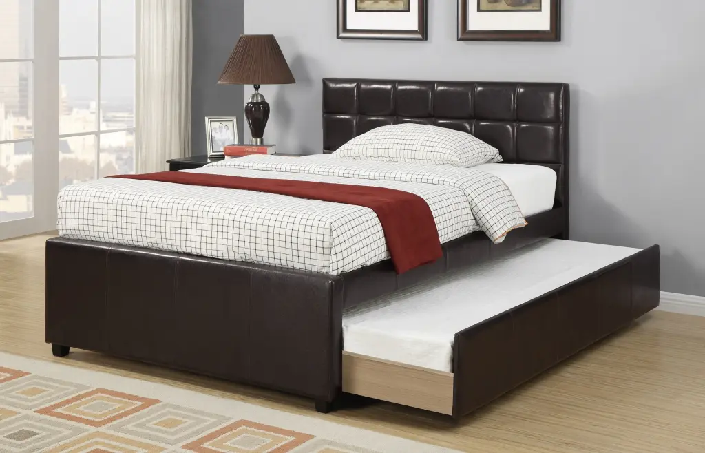 Twin Size Bed Trundle Slats Espresso Faux Leather Plywood Frame Kids kanepe