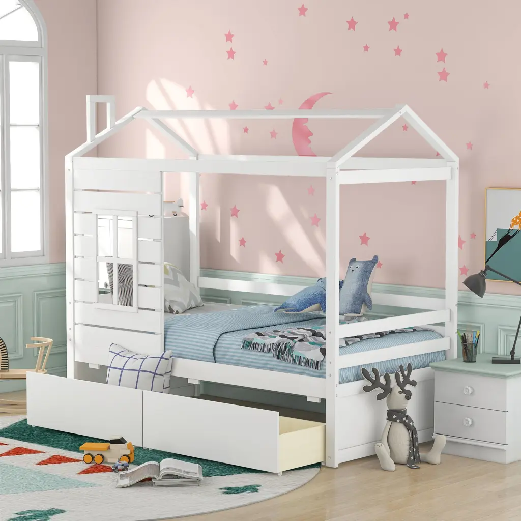 Twin Dimensions House Bed Timber Bed Two Drawers White Solid Timber lucky furniture