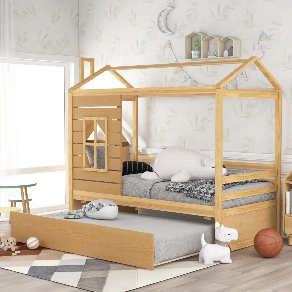 Twin Dimensions Houtilize Bed Trundle Natural Wood Finish lucky furniture