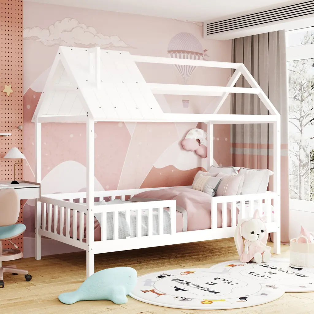 Twin Dimensions White Solid Wood Houtilize Bed Fence Kids and Teens lucky furniture