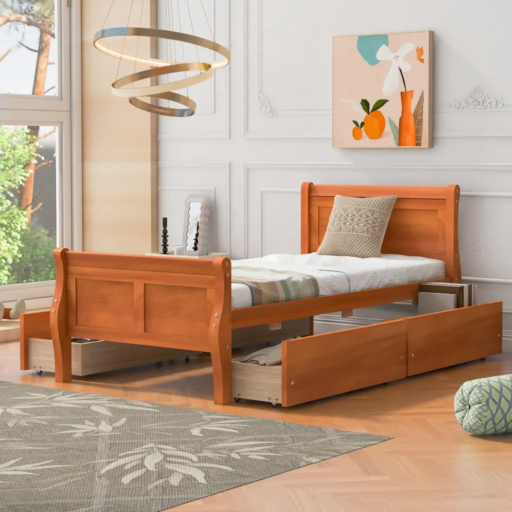 Twin Dimensions Wood Platform Bed 4 Drawers and Simplified Headboard lucky furniture