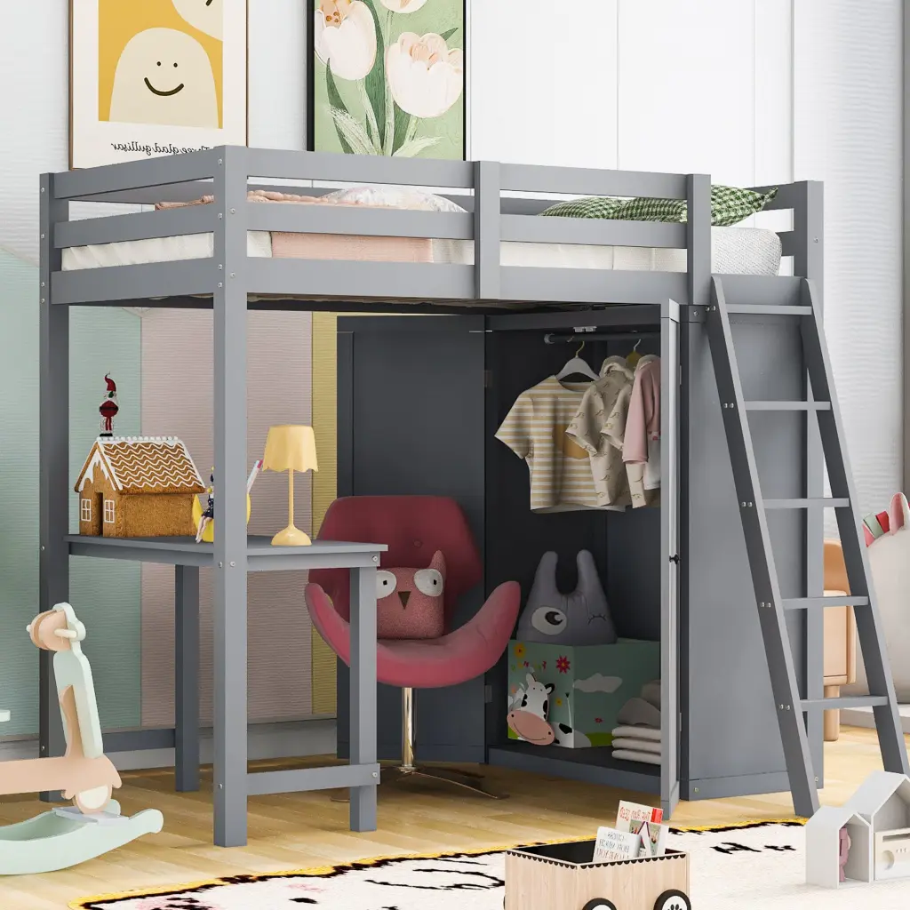 Twin Loft Bed Wardrobe and Desk Gray Rubber Wood lucky furniture