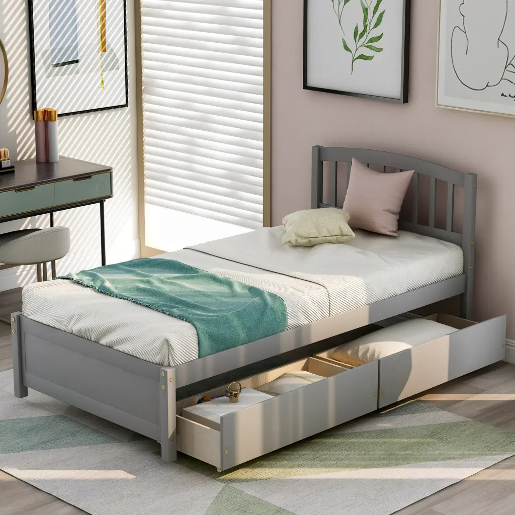 Twin Platform Storage Bed Timber Frame Two Drawers and Headboard lucky furniture