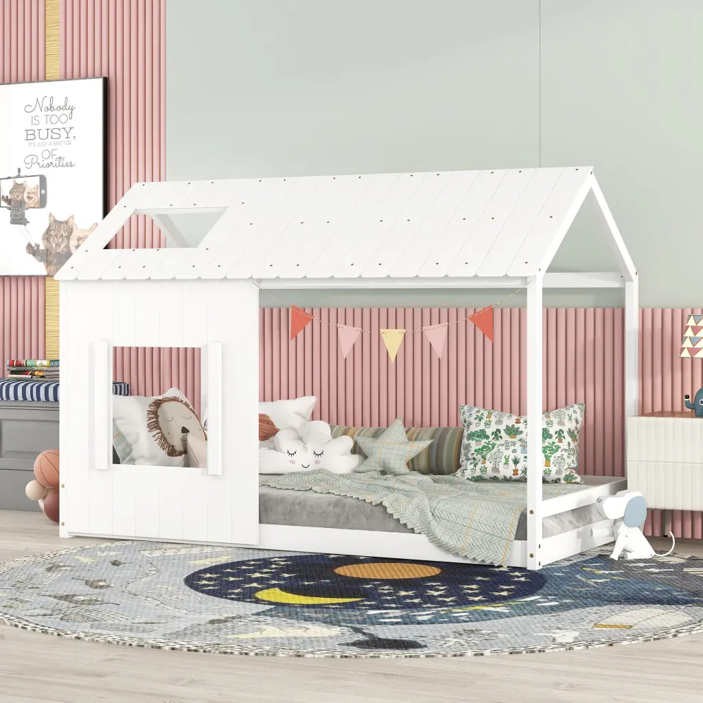 Twin Size House Bed Roof and Window White Finish lucky furniture