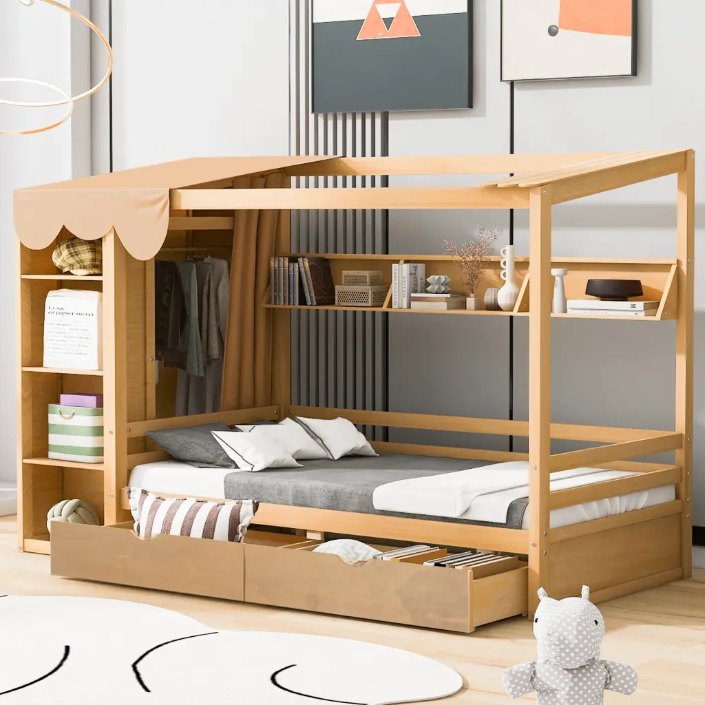 Twin Size Houtilize Bed Two Drawers and Wardrobe Natural Wood lucky furniture