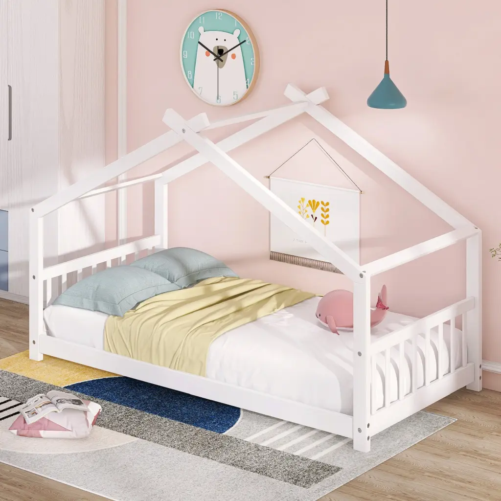 Twin Size Houtilize Solid Wood Bed White Finish lucky furniture