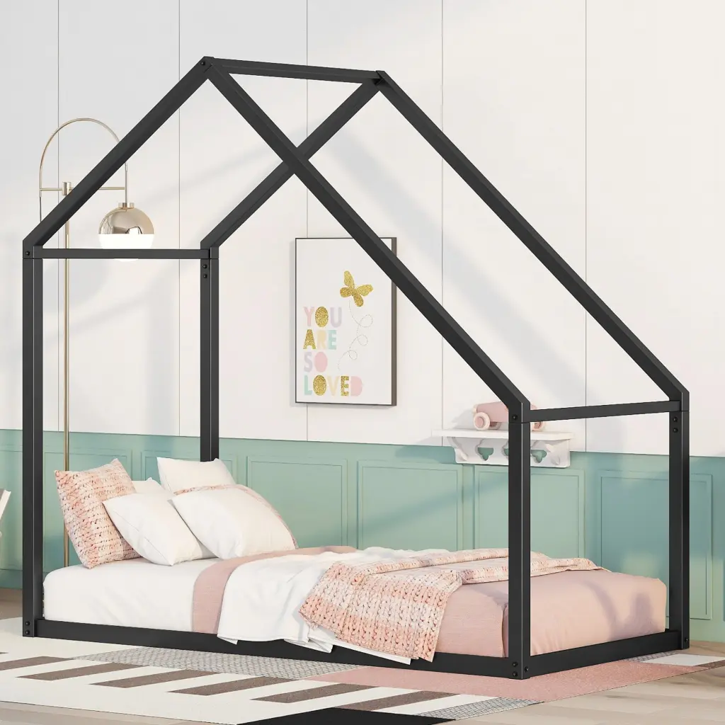 Twin Size Metal House Bed Kids Bed Black Metal Frame lucky furniture