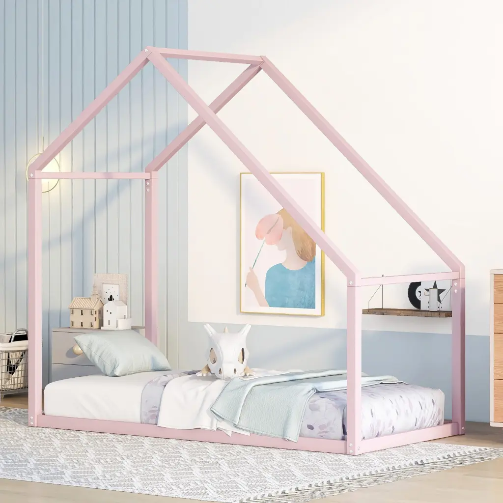 Twin Size Pink Metal Houseutilize Kids Bed Frame lucky furniture