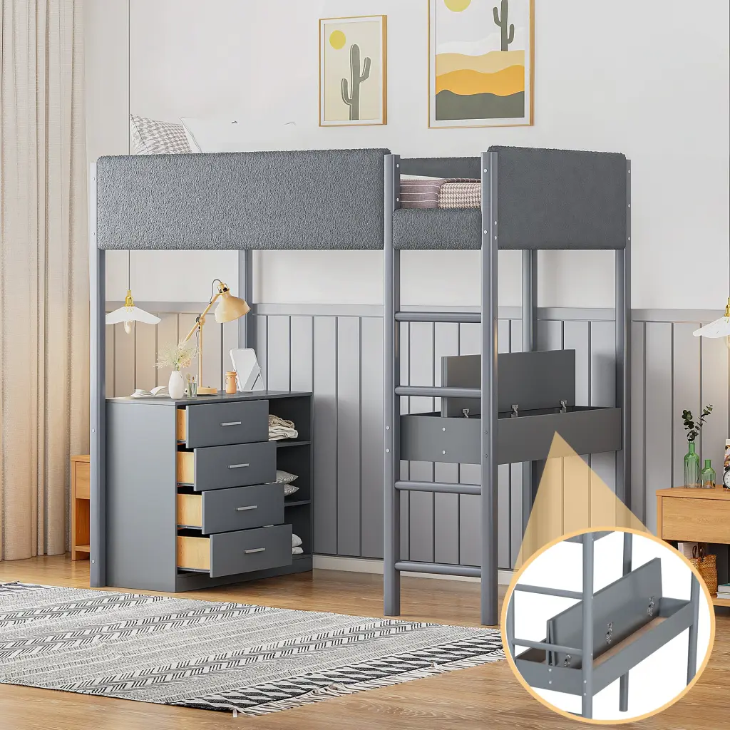 Twin Size Teddy Fleeceloft Wood Bed Gray Fleece Accents lucky furniture