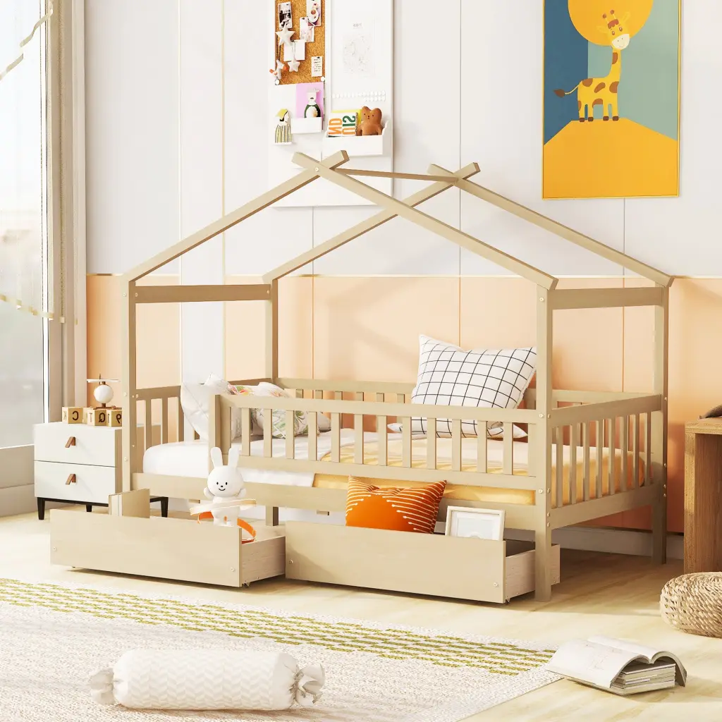 Twin Size Timberen House Bed Two Drawers, Natural Finish lucky furniture