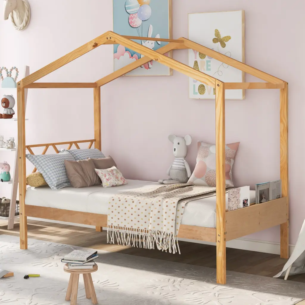 Twin Size Wood House Bed Storage Space Natural Finish lucky furniture