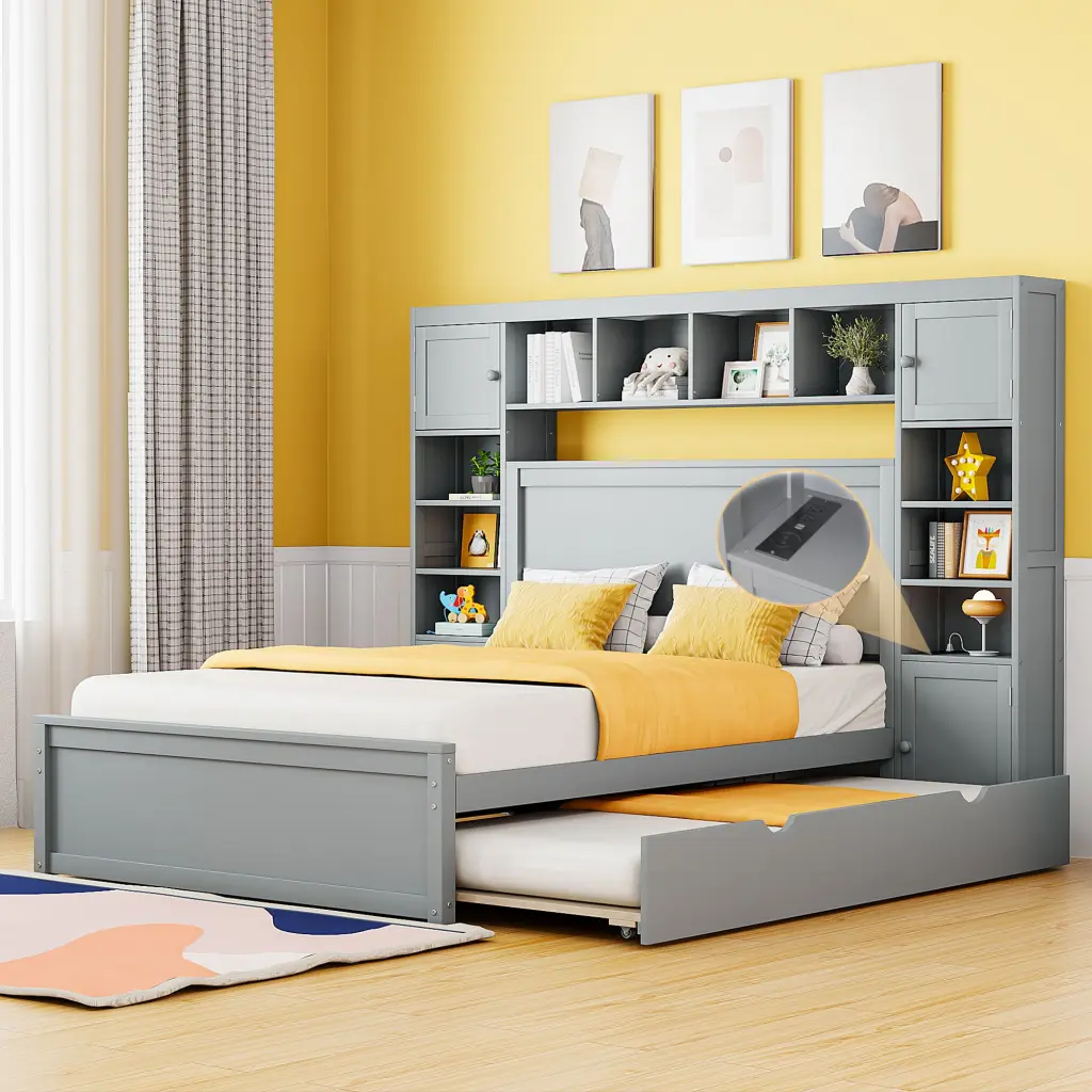 Twin Size Wooden Bed All One Cabinet, Shelf and Sockets lucky furniture