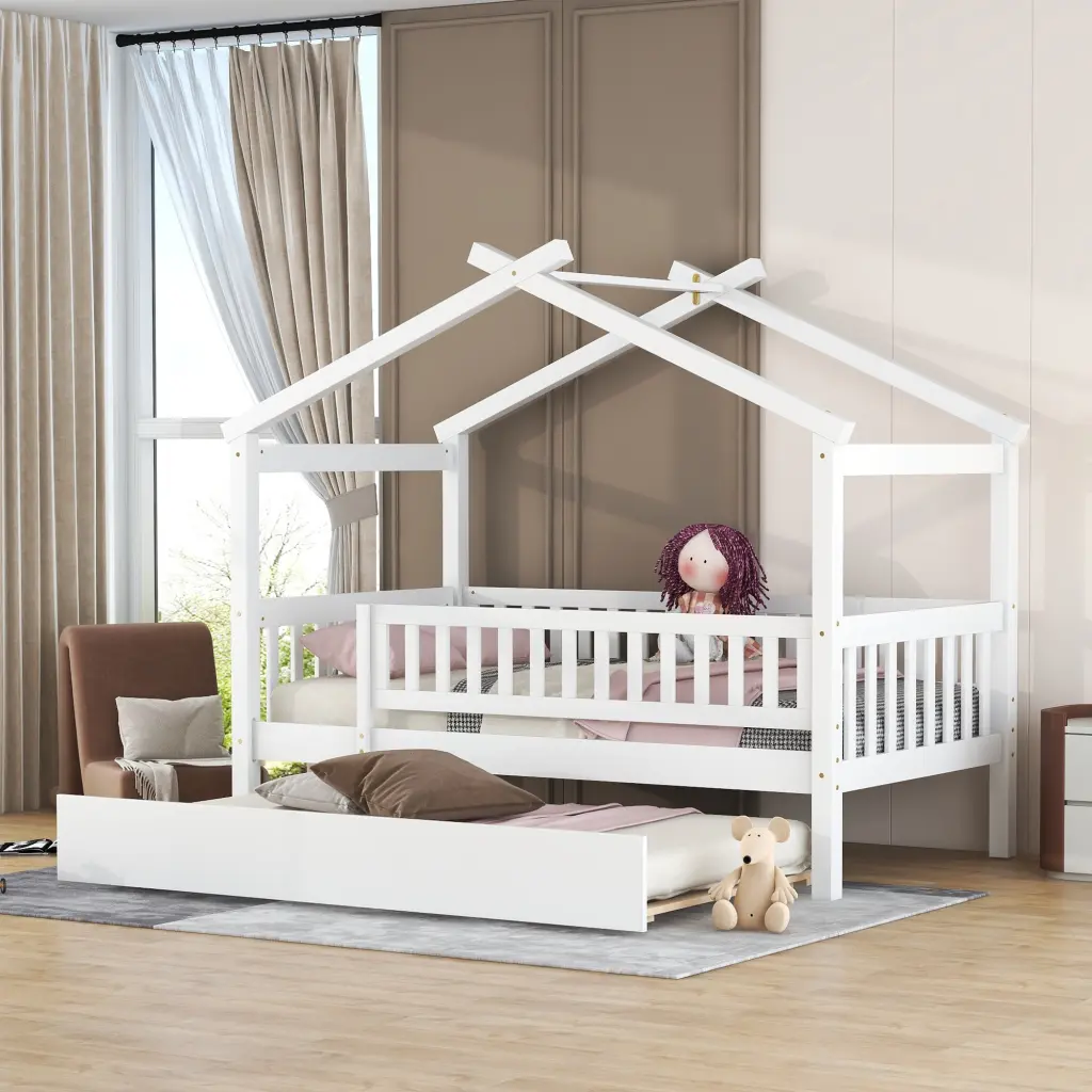 Twin Size Wooden Houtilize Bed Trundle White Finish Space Saving Bed lucky furniture