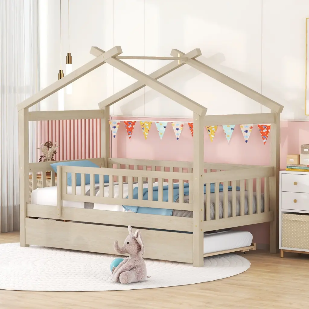 Twin Size Wooden Houtilize Bed Trundle Natural Solid Wood lucky furniture
