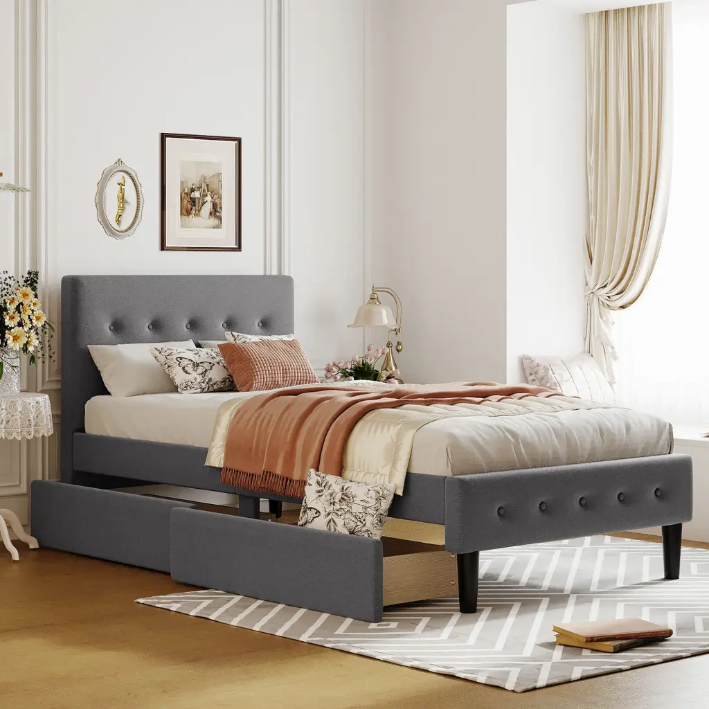 Twin Upholstered Platform Bed 2 Drawers Gray lucky furniture