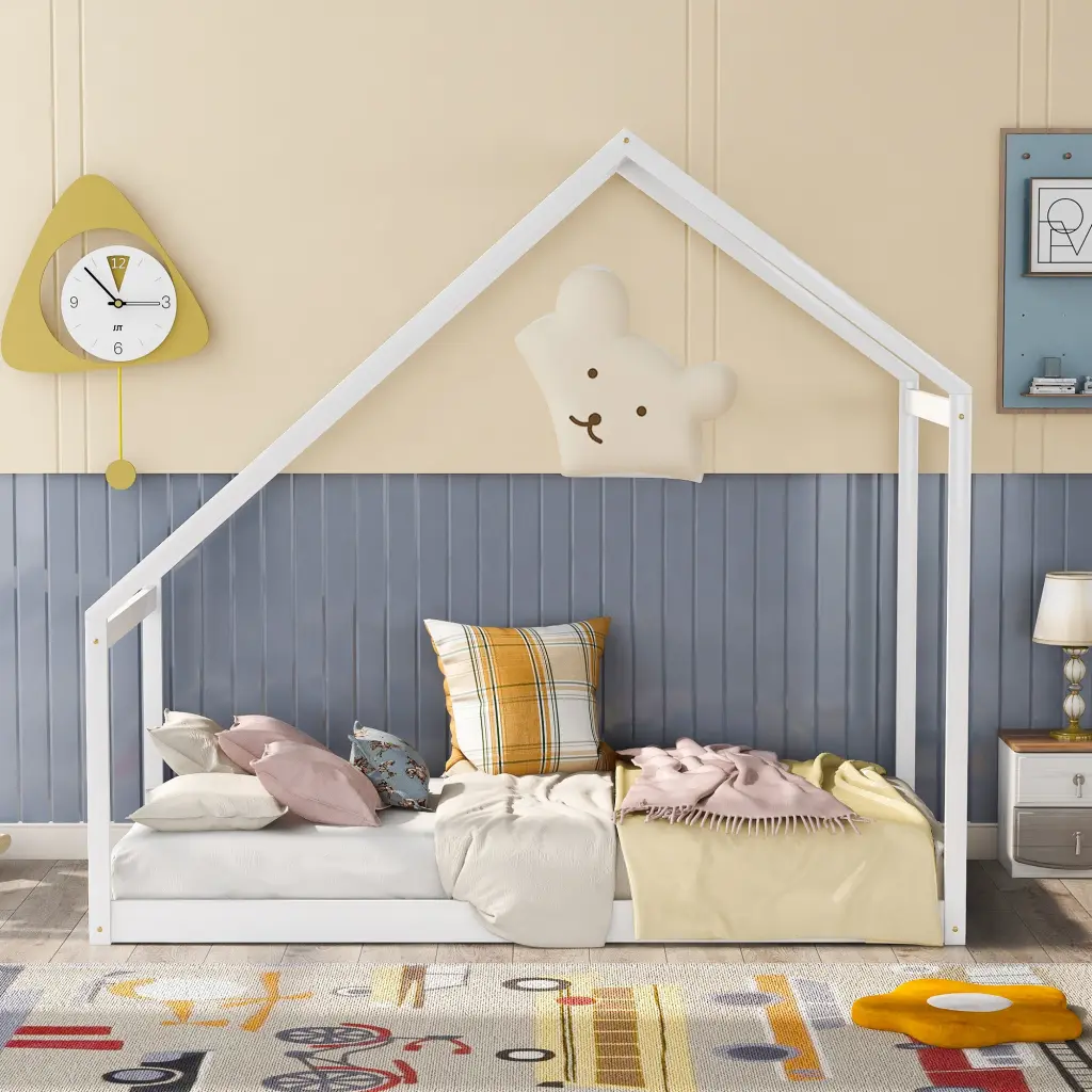 Twin Wooden House Bed White Solid Wood Frame lucky furniture