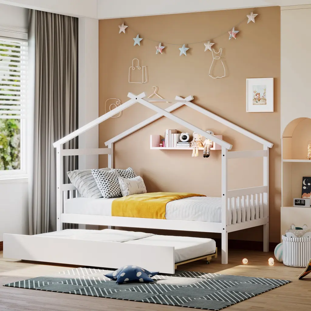 Twin Wooden Houtilize Bed Trundle White Solid Wood lucky furniture
