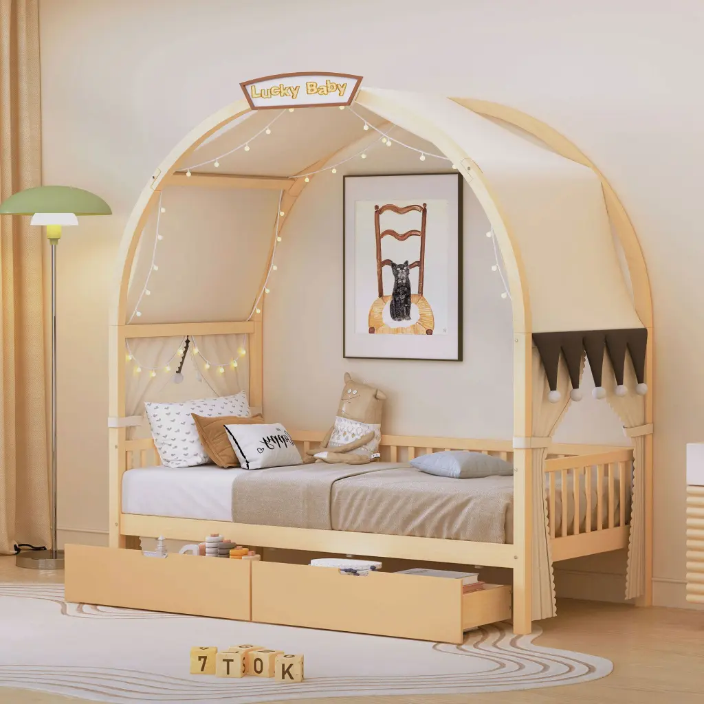 Twin Size Bed Arched Roof And 2 Drawers Natural Plywood lucky home