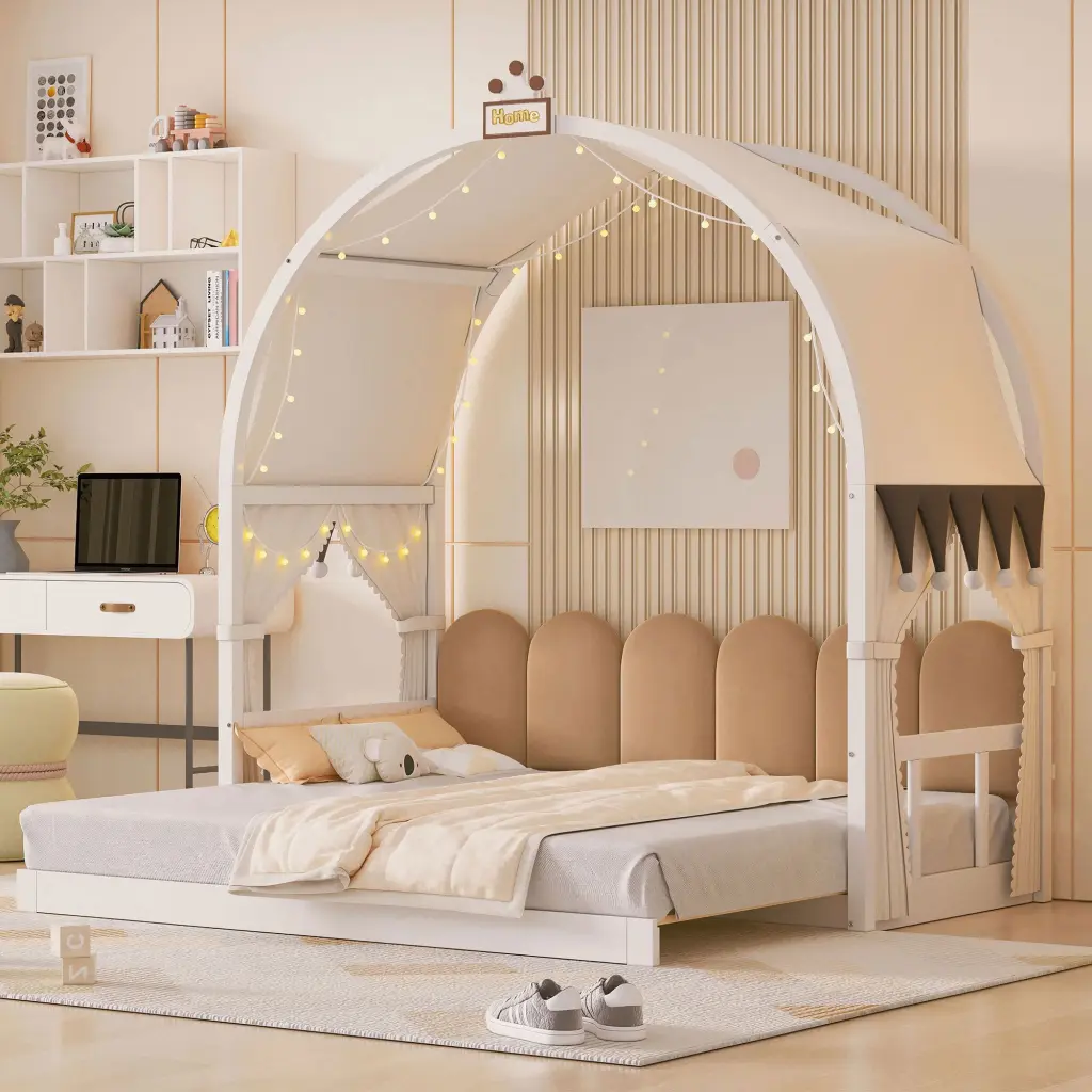 Twin Size Extended Bed Arched Roof and Trundle White Finish lucky home