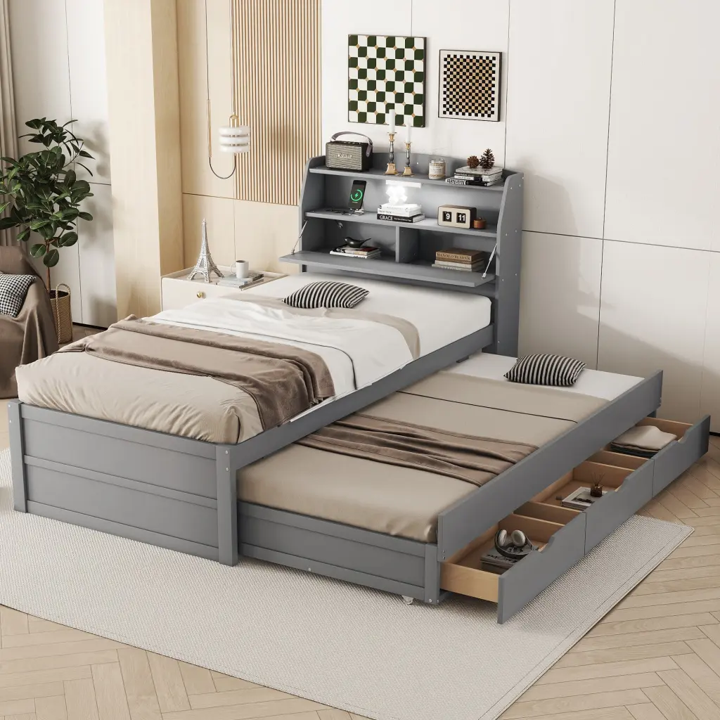 Twin Size Wooden LED Platform Bed Trundle and Storage Headboard lucky home
