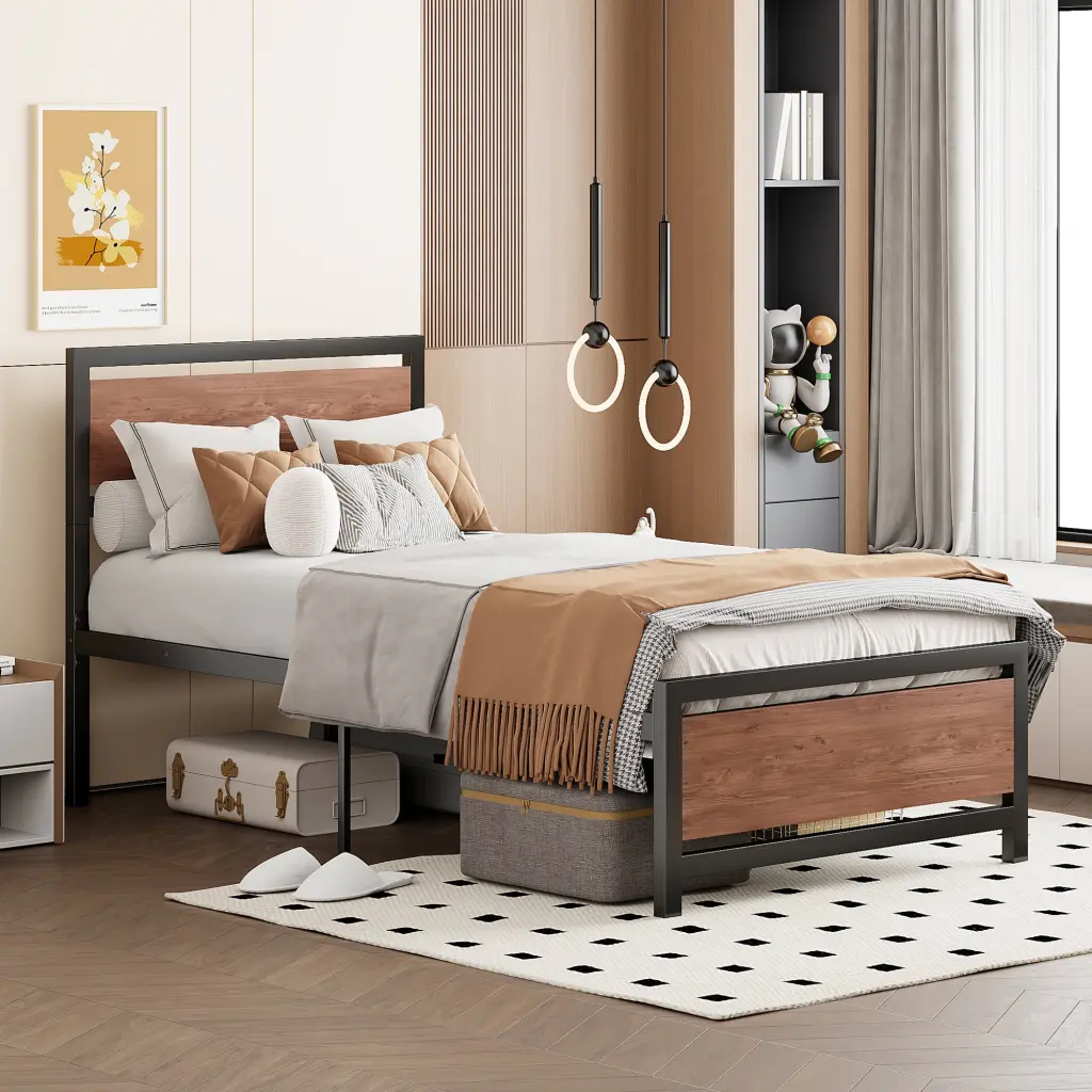 Twin Dimensions Platform Bed Metallic and Timber Frame - Includes Headboard lucky world