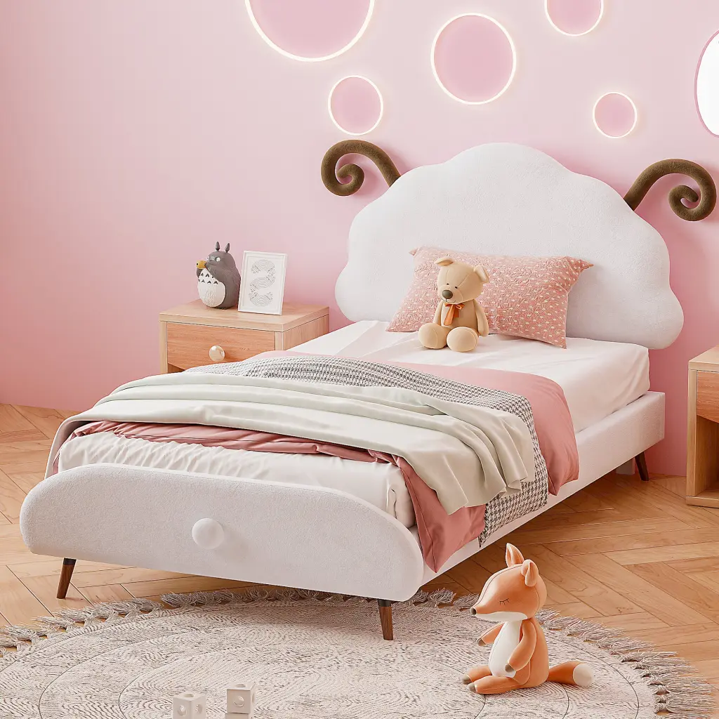 Twin Dimensions Upholstered Platform Bed Sheep Shaped Headboard - White lucky world