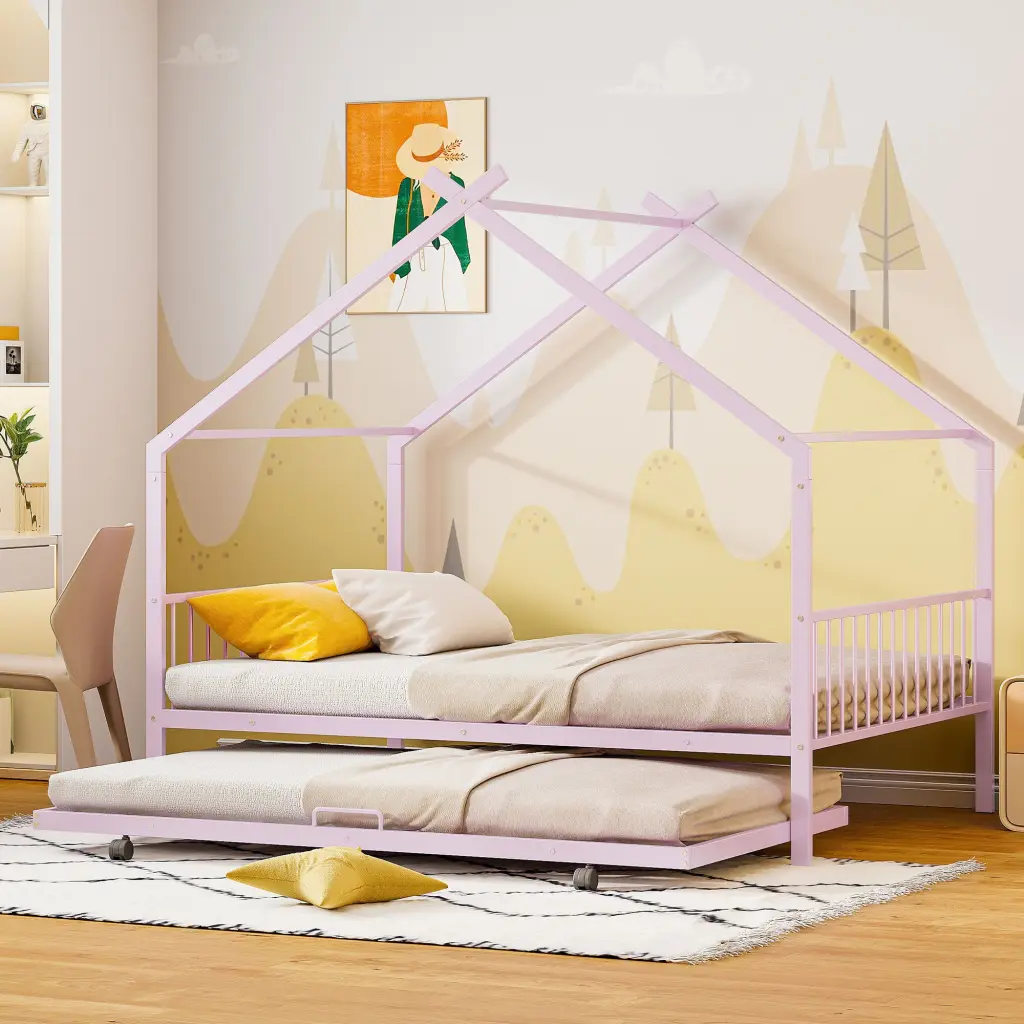Twin Size Metal Houtilize Bed Twin Trundle Pink Twin Pink Metal lucky world