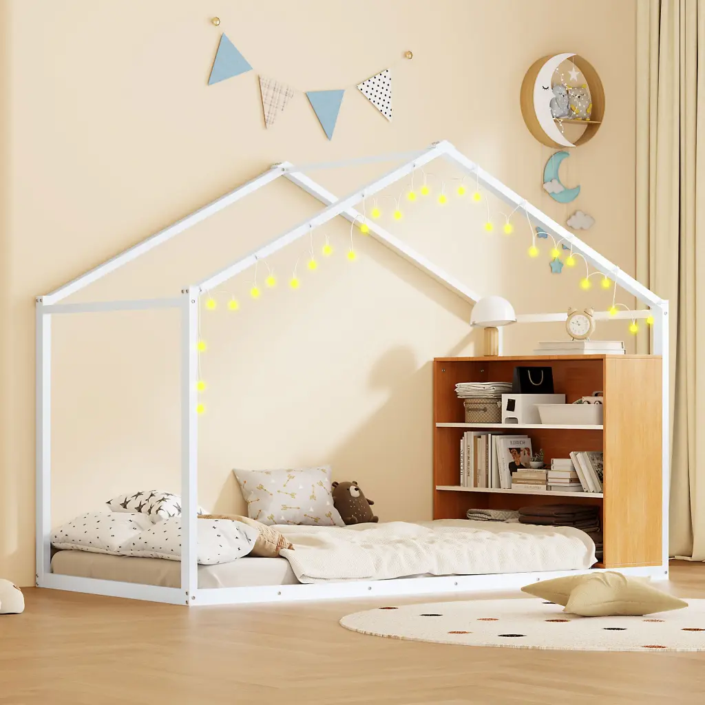 Twin Size Metallic Bed Frame Shelves and LED Lights White lucky world