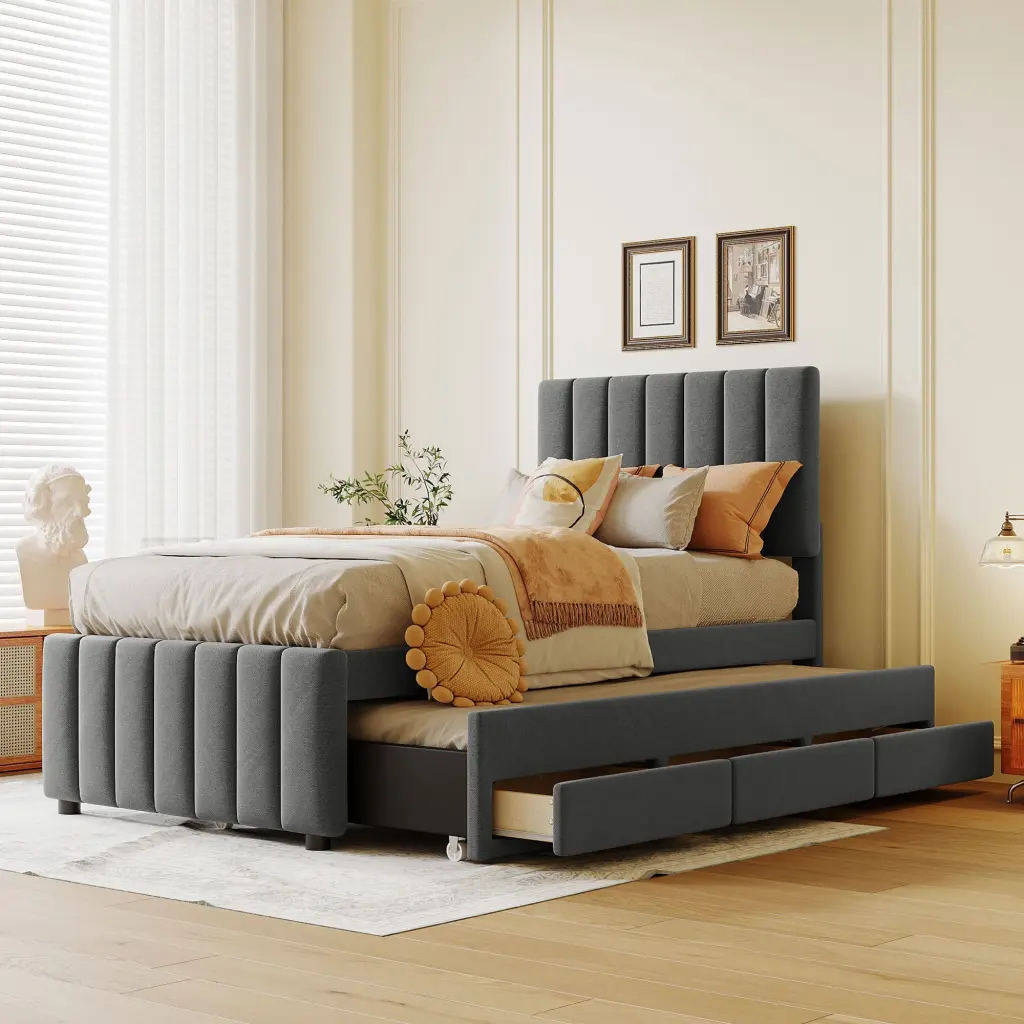 Twin Size Upholstered Platform Bed Trundle And 3 Drawers Linen Fabric lucky world