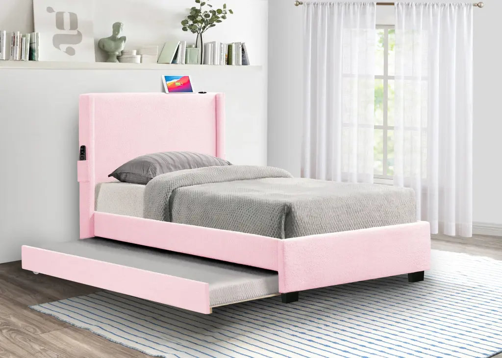 Pink Twin Size Upholstered Bed Frame Trundle Bed Teddy Fabric Modern Button Tufted Design serene home