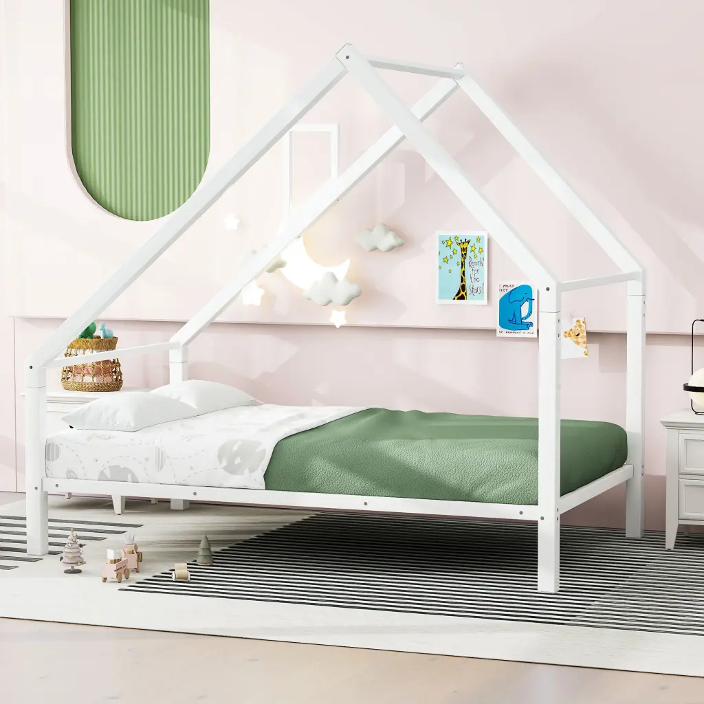 Twin Dimensions Metal Platform Bed Roof and Chimney White Box Spring wm dreamland