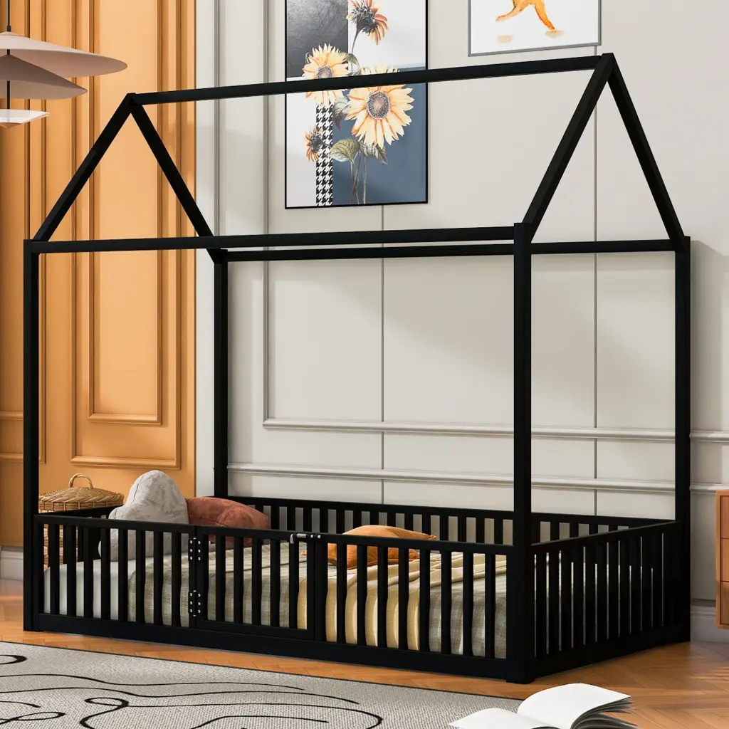 Twin Metal Houtilize Bed Fence And Door Black Metal Frame wm dreamland