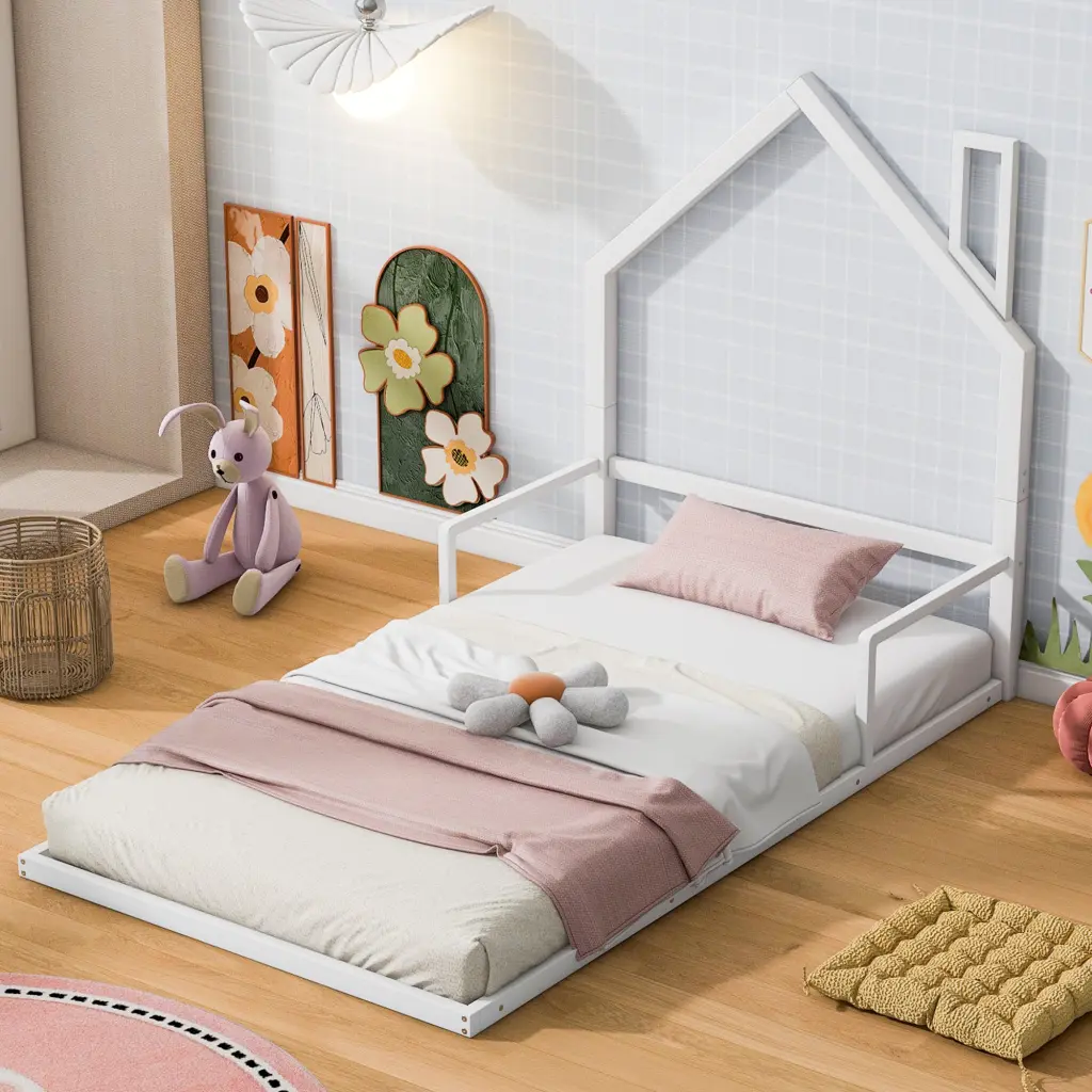 Twin Size Metal Floor Bed Headboard White Box Spring wm dreamland