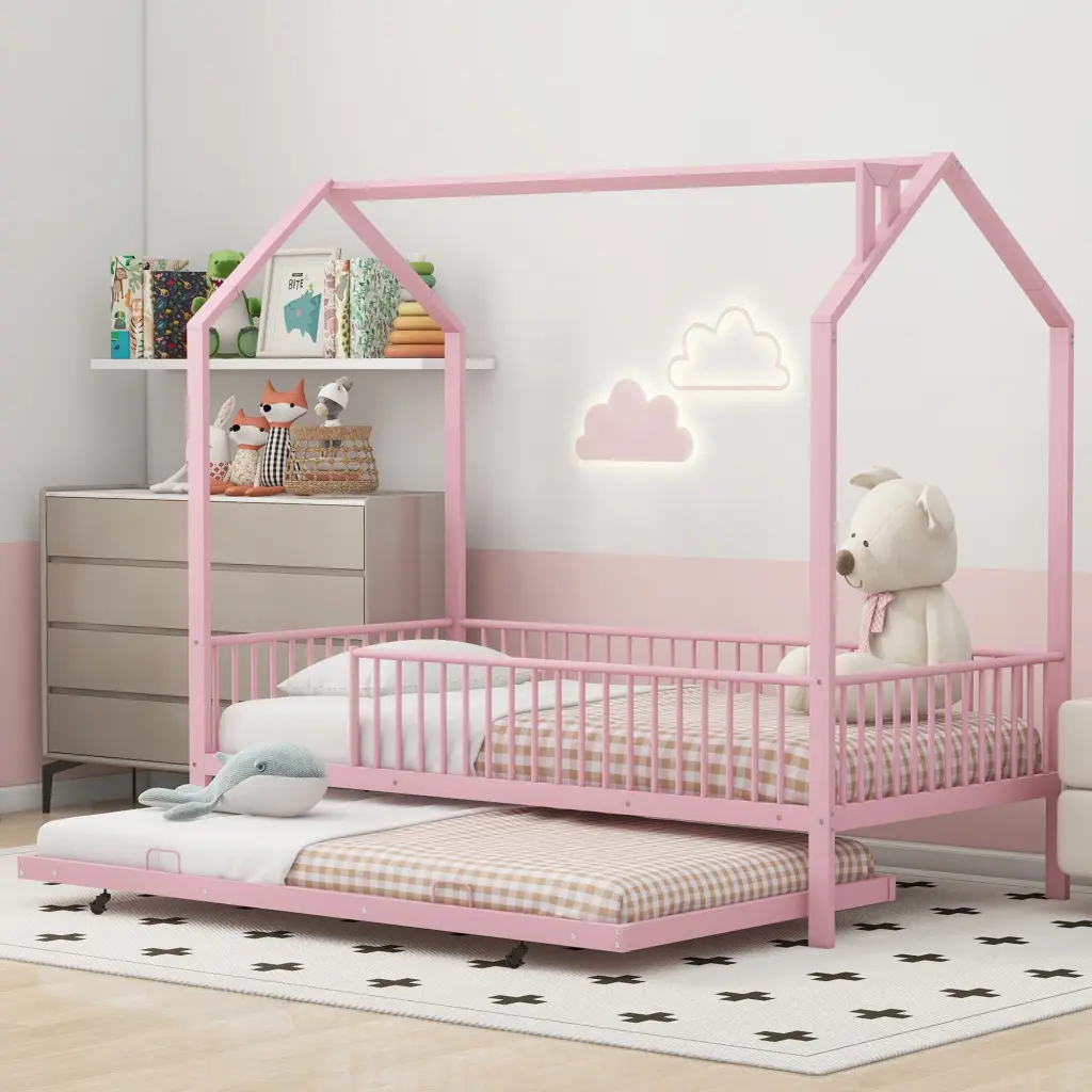 Twin Size Metal House Bed Fence And Trundle Pink Kids Bed wm dreamland