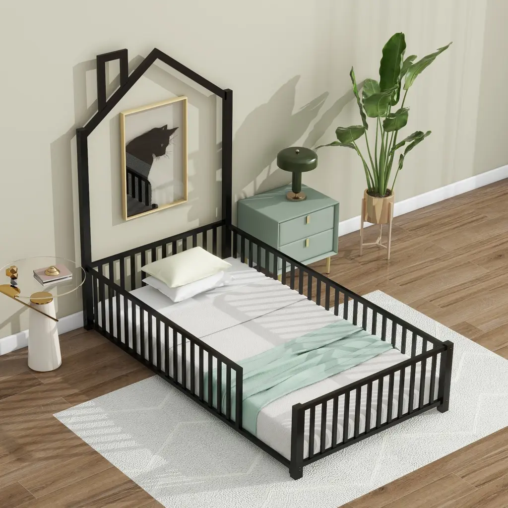Twin Size Metal Platform Bed Guardrail And Chimney Black Modern Design wm dreamland