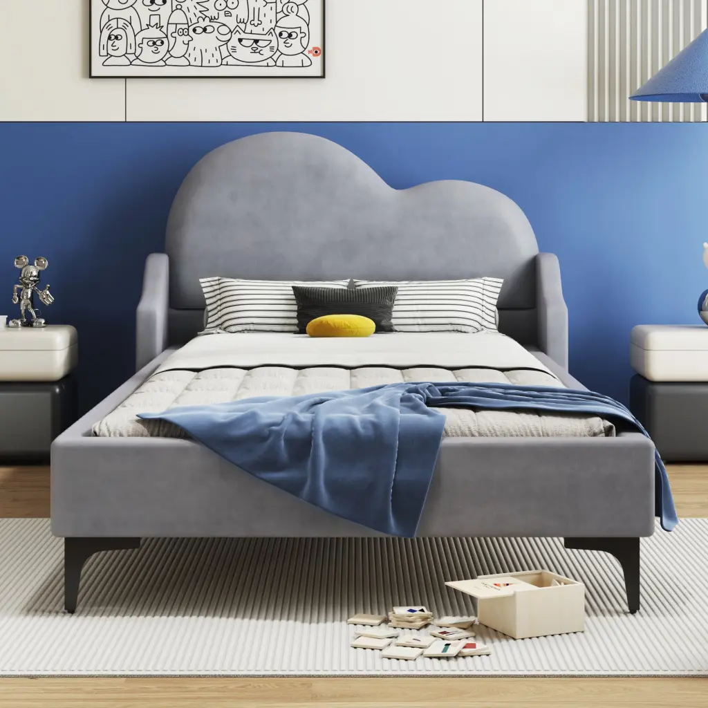 Twin Size Upholstered Platform Bed Cloud Headboard Gray Fabric wm dreamland