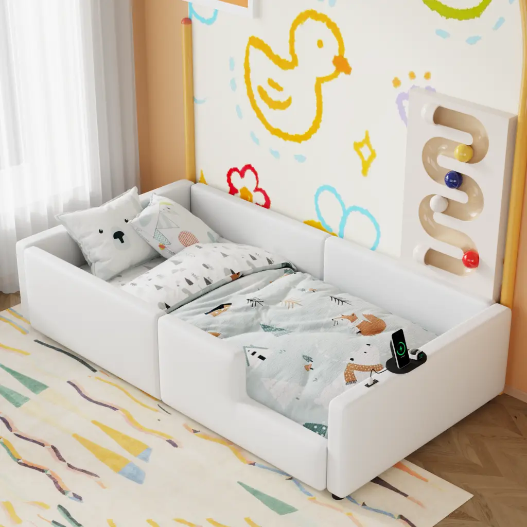Twin Size Upholstered Platform Bed Guardrail And Charging Station Kids wm dreamland