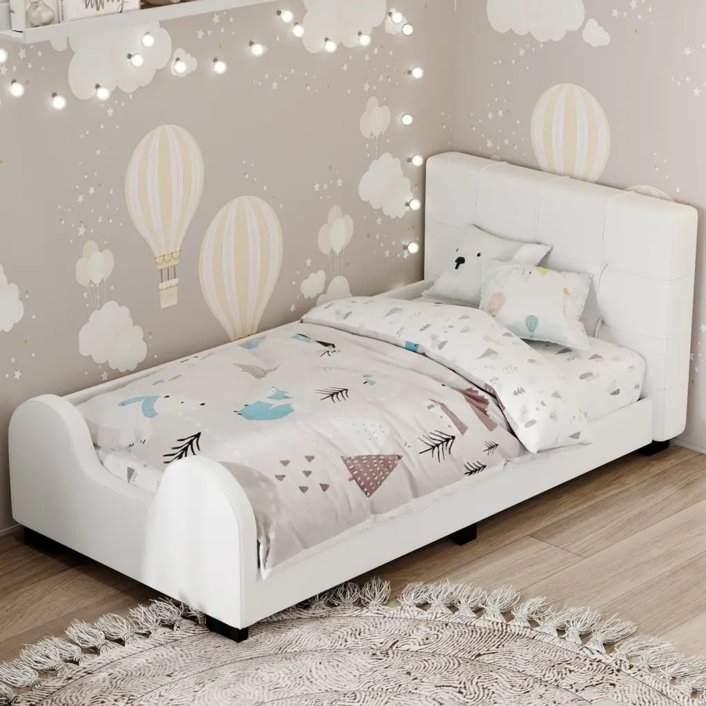 Twin Size Upholstered Platform Bed Guardrail White No Box Spring Needed wm dreamland