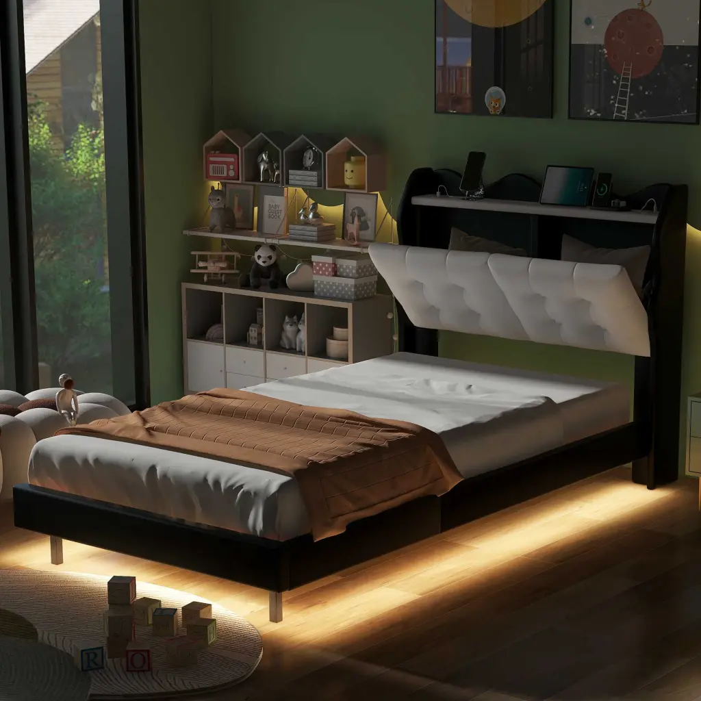 Twin Size Upholstery Platform Bed Frame LED Light Strips and Headboard wm dreamland