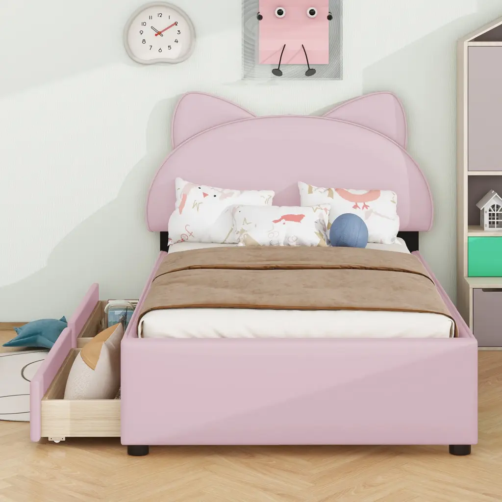 Twin Upholstered Platform Bed Bunny Ears Shaped Headboard wm dreamland