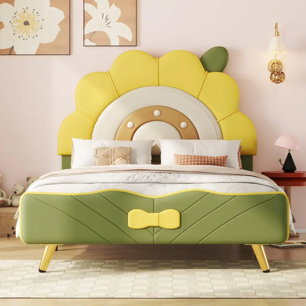 Twin Upholstered Platform Bed Sunflower Headboard Gray wm dreamland