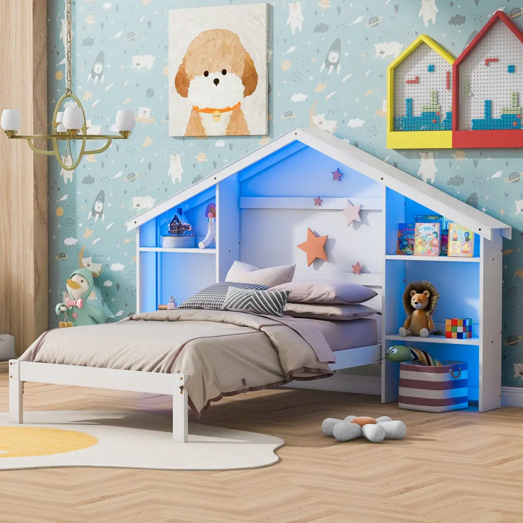 Timber Twin Dimensions Platform Bed House Shaped Storage Headboard wm store