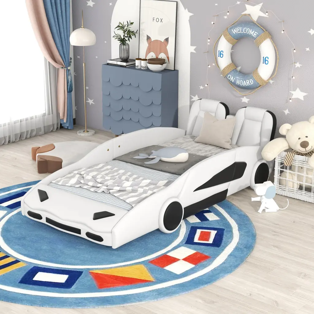 Twin Dimensions Race Car Shaped Platform Bed Wheels White Pine wm store