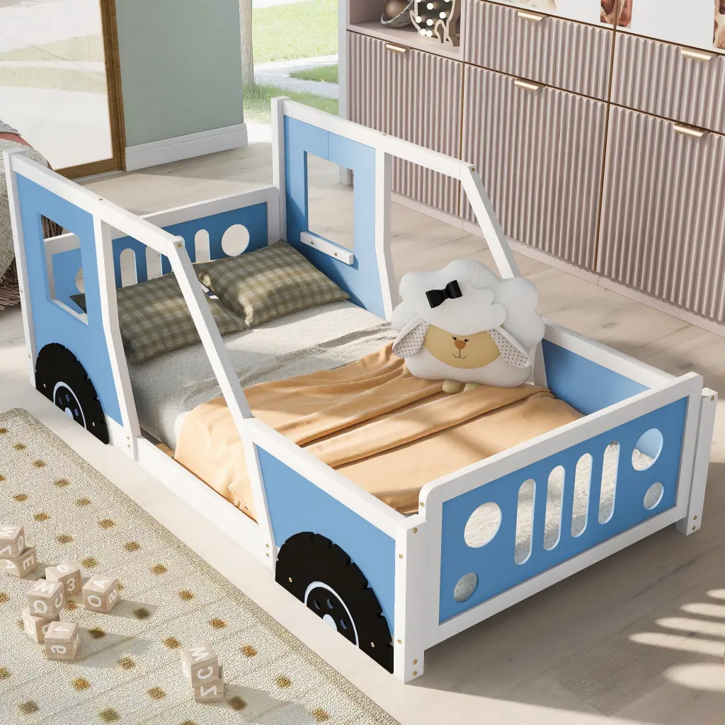 Twin Dimensions Timeless Car Influenced Platform Bed Wheels Blue Box Spring Modern Kids Bed wm store